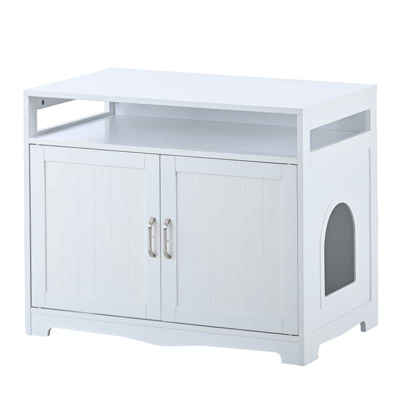 Anmytek White Large Wooden Cat Litter Box Enclosure Furniture with Hidden Plug 2 Doors Cat Washroom Storage Bench Side Table