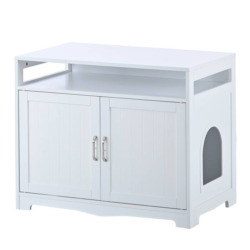 Litter Box Enclosure, Cat Litter Box Furniture with Hidden Plug, 2 Doors, Indoor Cat Washroom Storage Bench Side Table Cat House