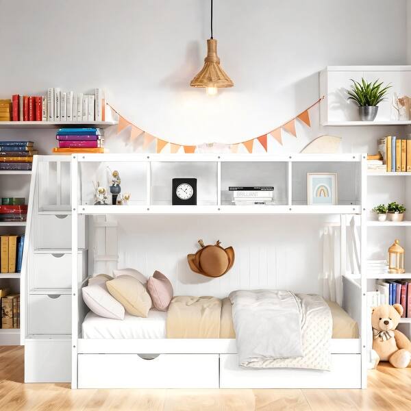 slide 2 of 13, Twin Over Full Loft Bed with Shelfs, Storage Staircase and 2 Drawers White