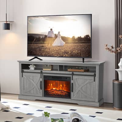 68" Farmhouse Sliding Barn Door Fireplace TV Stands Console Table with 23" Electric Fireplace