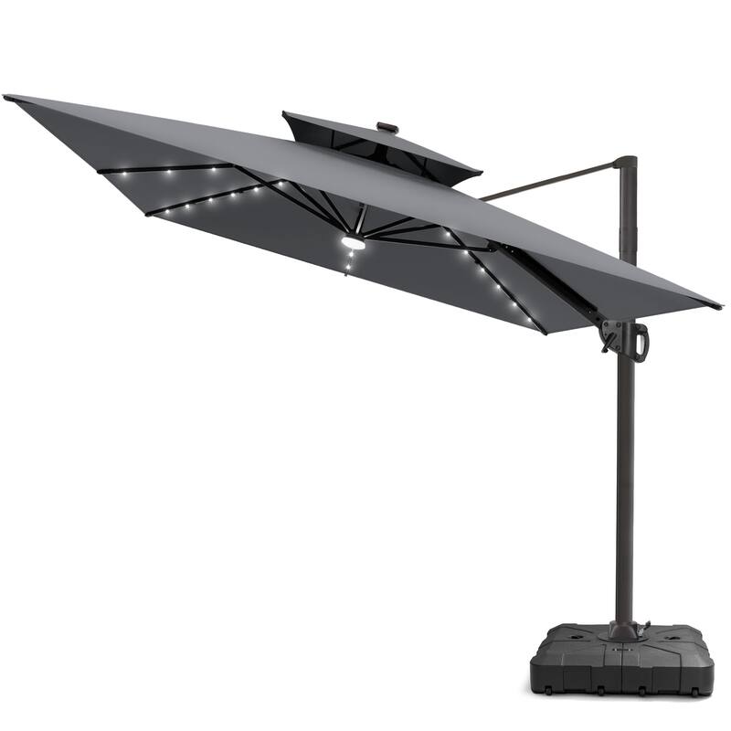 9 X 11 FT Outdoor Patio Cantilever Umbrella with Solar Lights All-Weather Wheeled Base Double Canopy 360 Rotation Tilt