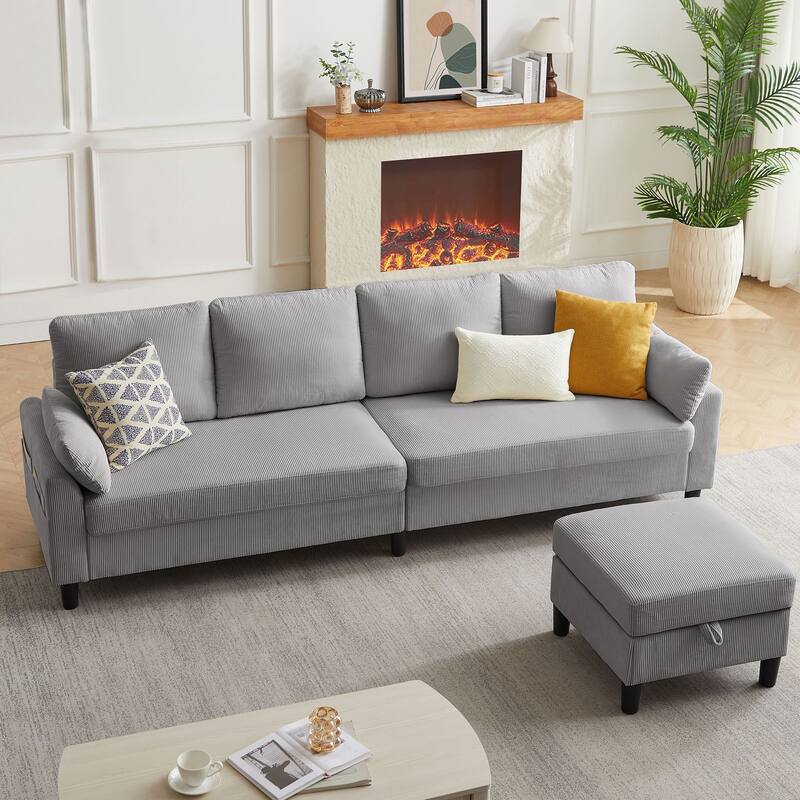 101'' Corduroy Upholstered Sectional Sofa With Storage Ottoman