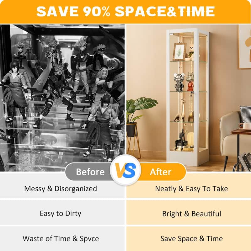 4-shelf Glass Curio Display Cabinet with Doors, RGB Light & Adjustable Storage Shelves - 63"H x 15.8"W x 15.8"D