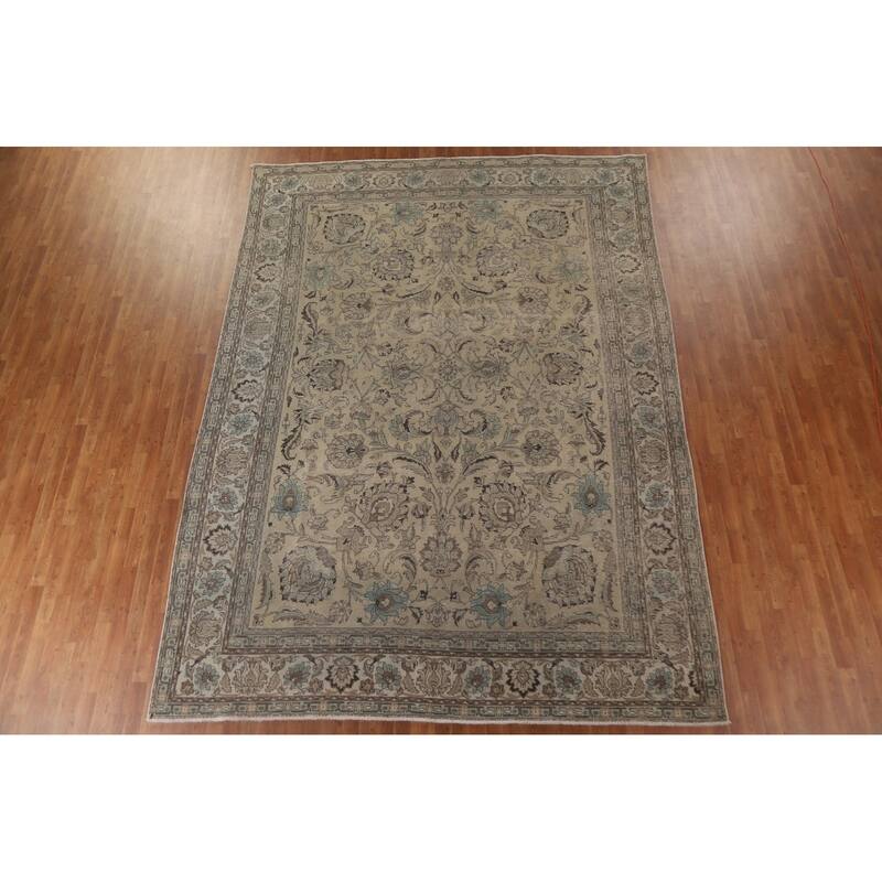 Distressed Tabriz Persian Vintage Area Rug Handmade Pink Wool Carpet - 9'7" x 12'10"