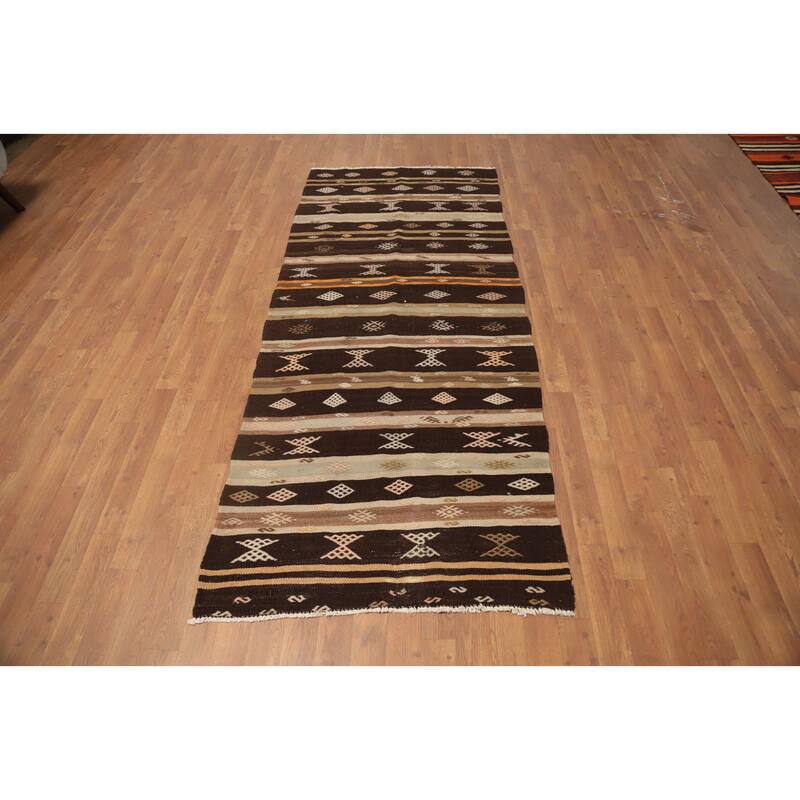 Hand Woven Oriental 100% Wool Carpet Southwestern Tribal Brown Kilim Runner Rug - 7' 7'' X 3' 3''