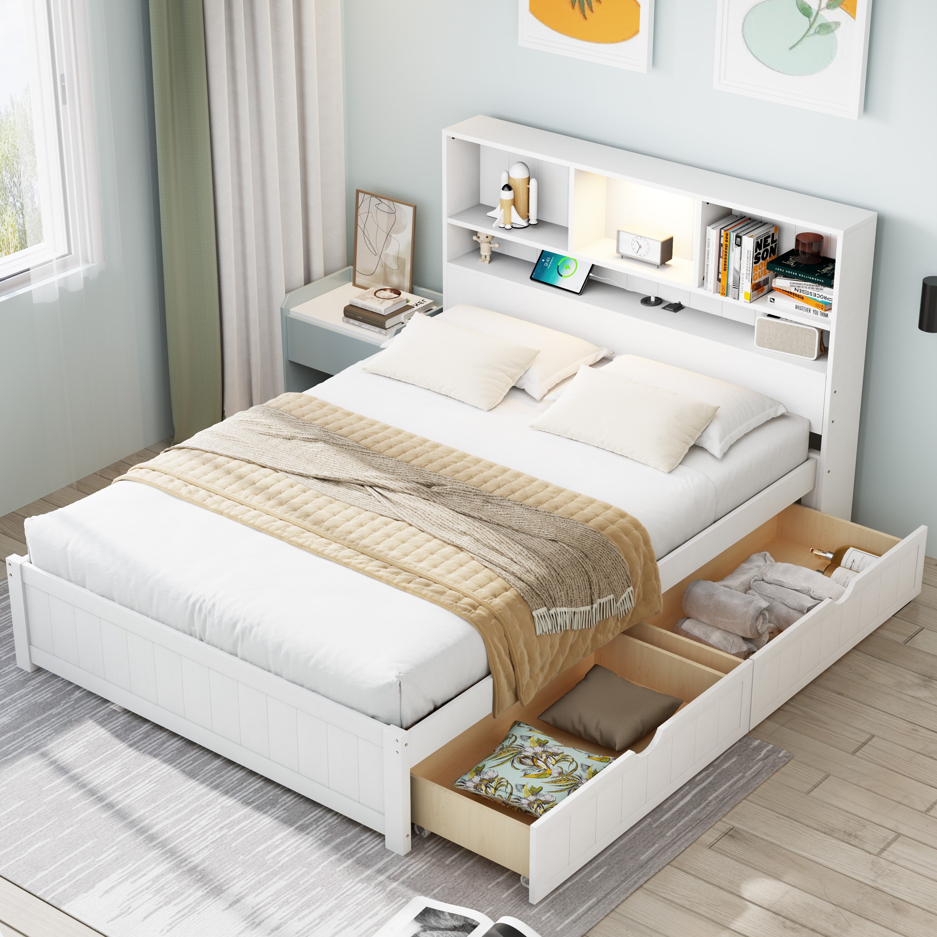 Full Bookcase Bed Vertical Stripe White Wood Platform Bed w Storage Headboard Built in Downlight Drawers Charging Station Bed Bath Beyond 41803822