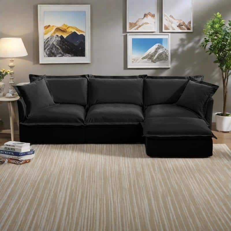 120" Chenille L-Shaped Sectional with Convertible Ottoman & 2 Pillows and 3-Seater Cloud Couch - Black