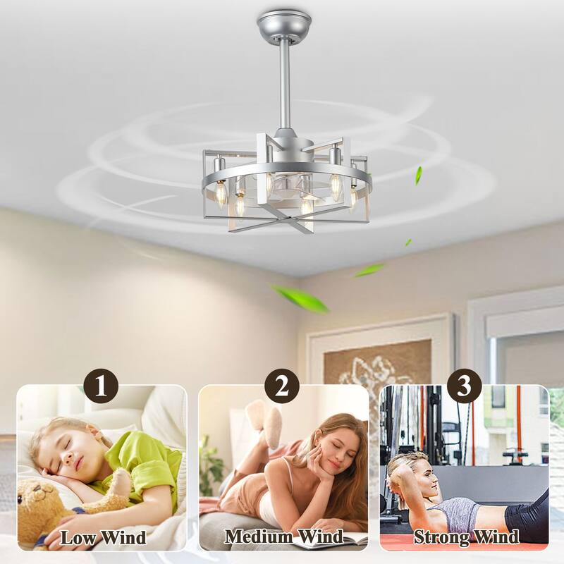 18" Industrial Metal Caged Ceiling Fan with Remote and Light Kit 6-speed Reverisble Chandelier - 17.7 Inch