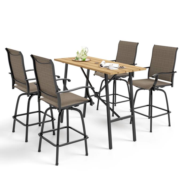 5-Piece Patio Bar Stool Set Wood-grain Bar Table & Textilene Swivel Stools
