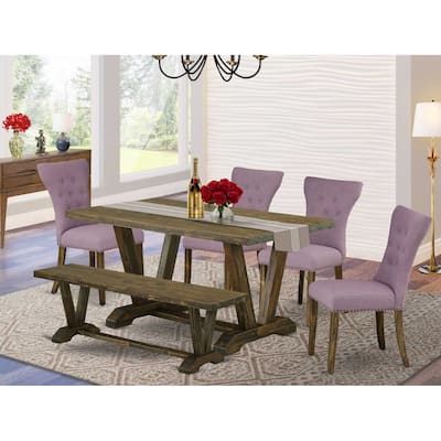 HomeStock 6-Pc Rectangle Distressed Jacobean Finish Solid Wood Top Dining Table with 1-Bench, 4-Chairs