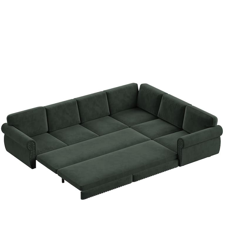 L-Shaped Sofa Couch with Pull-Out Bed, Convertible Sleeper Sofa with Nailhead Trim & Rolled Arms, Chenille Upholstered Couch