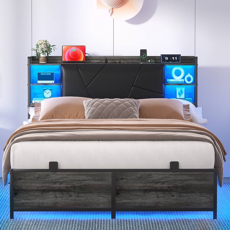 Bed Frame with Upholstered Storage Headboard,Matel Platform Bed with Charging Station and RGB LED Lights,Easy Assembly