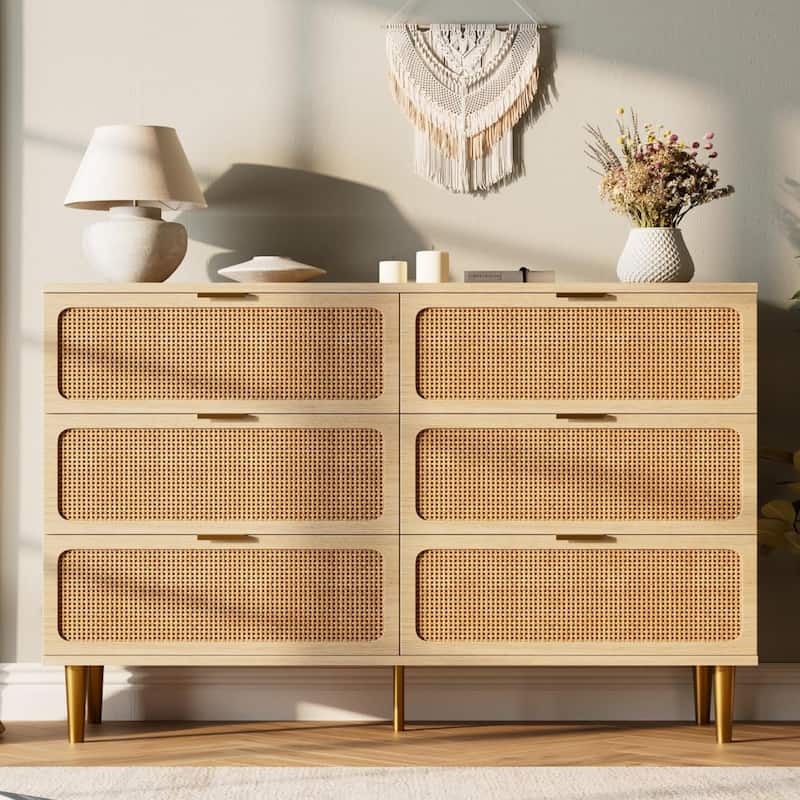 5/6 Drawer Rattan Dresser for Bedroom, Large Freestanding Wooden Chest Storage - 6-drawer - Natural