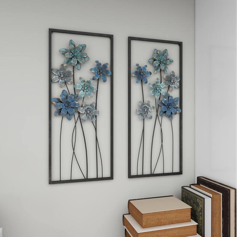 Teal Metal Floral Home Wall Decor with Black Frames and Gold Accents (Set of 2)