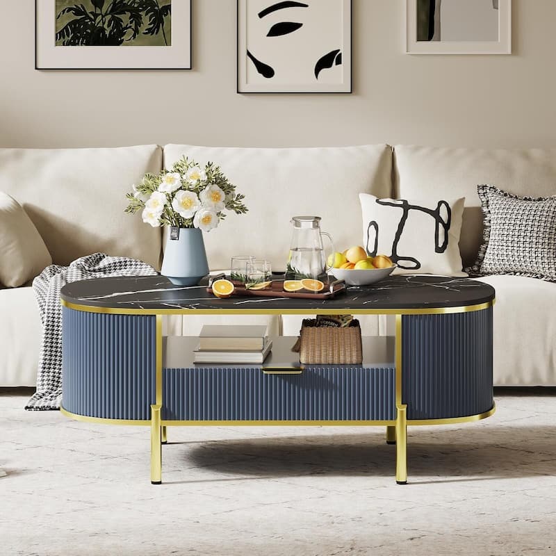 48in Modern Luxury Oval Coffee Table with Drawer for Living Room - N/A