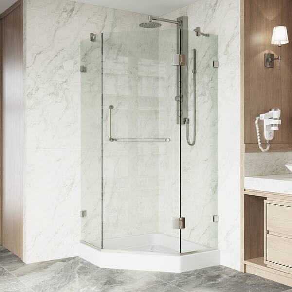 Shop Vigo 36 X 36 Frameless Neo Angle Clear Shower Enclosure And White Base On Sale Overstock 4719389 Brushed Nickel Hardware