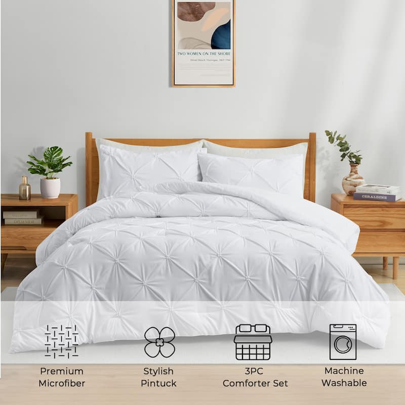 3 Piece Reversible Pintuck Pinch Pleat Comforter Set, Bedding Set for All Season