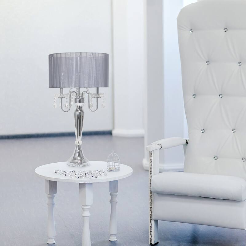 Chrome Cascading Crystal Table Lamp with Round Shade - 31" - Gray