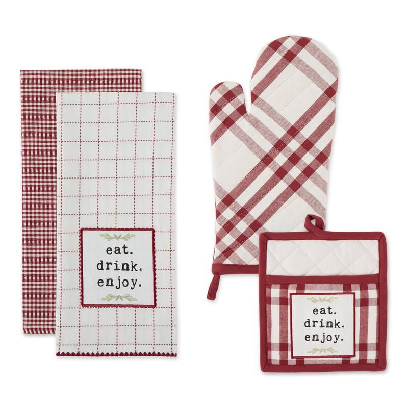 Home Sweet Farmhouse Kitchen (Set of 4) - Oven Mitt/Pot Holder/ Dishtowel Set - Barn Red