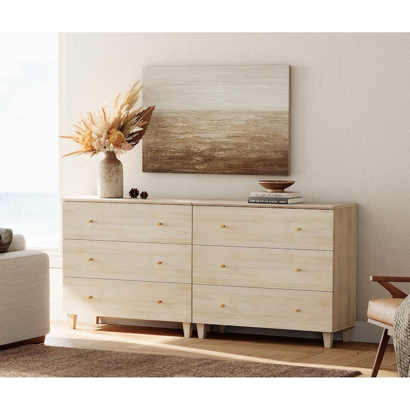 WAMPAT Dresser with 3 Drawers, 35.4" Wide Chest of Drawer for Bedroom - Biscotti - 6-drawer