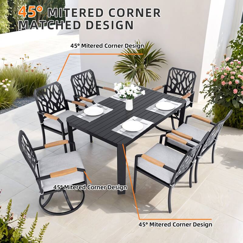7-PC Outdoor Patio Aluminum Furniture Set, with 4 Dining Chairs & 2 Swivel Rockers Sunbrella Fabric Cushioned, Nature-In