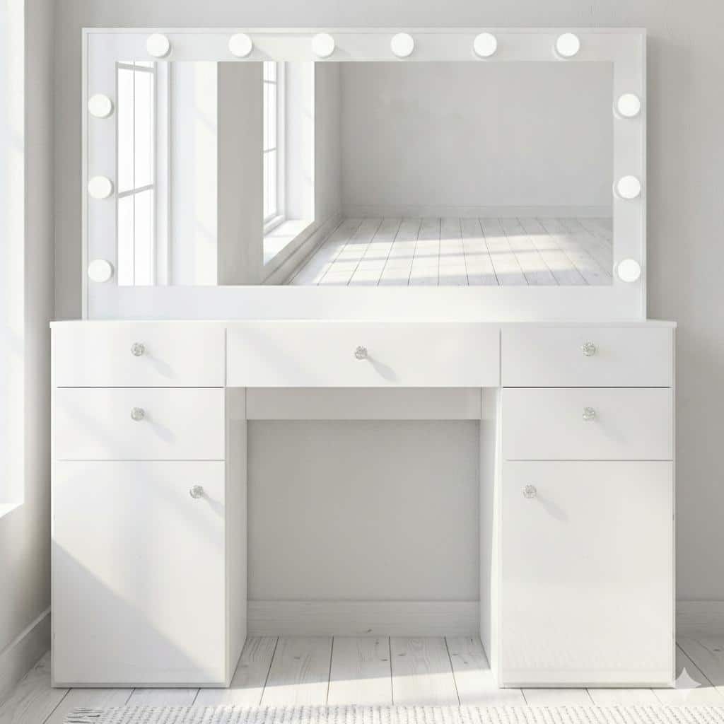 Hollywood Large Makeup Vanity Desk with 12 Light Bulbs; Modern Dressing Table with Multiple Storage Drawers & Crystal Knobs