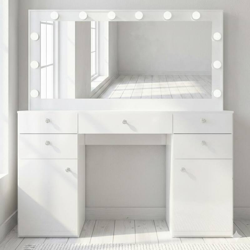 Hollywood Large Makeup Vanity Desk with 12 Light Bulbs; Modern Dressing Table with Multiple Storage Drawers & Crystal Knobs - White