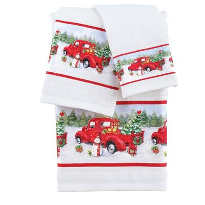 Vintage Red Truck Festive Scene 3-Piece Bath Towel Set - 9.250 x 6.250 x 3.250