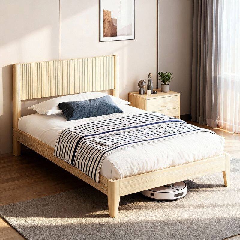 Solid Wood Twin Bed Frame Platform Bedframe with Headboard Grille Style - Twin