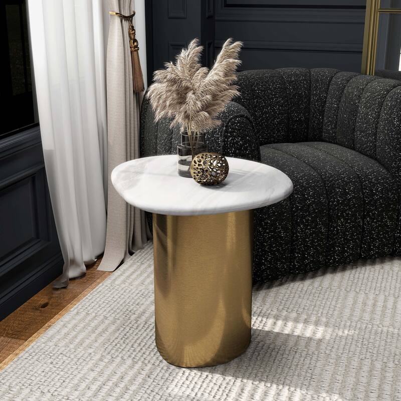 Furniture of America Luvien Modern White Sintered Stone Top End Table with Gold Pedestal Base