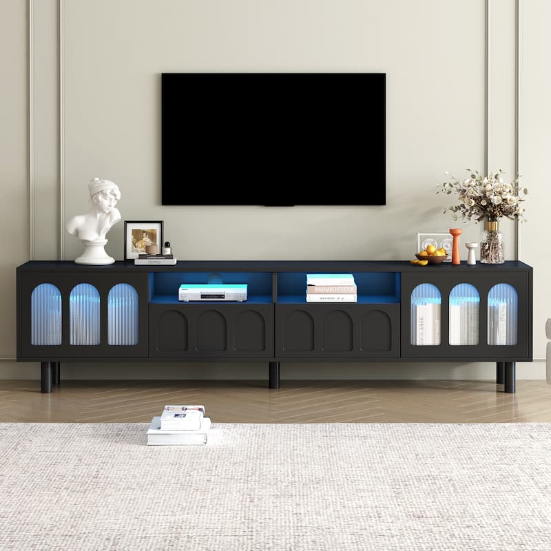 LED TV Stand for Living Room, Entertainment Center for TVs Up to 80" with Wood Legs, Storage Media Console with 2 Drawers