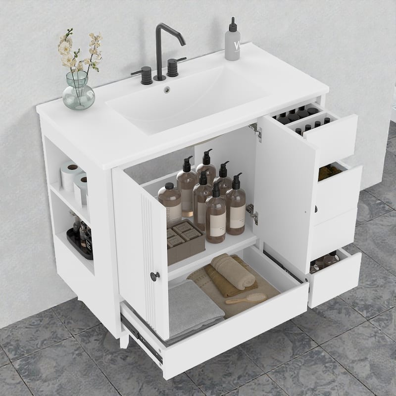36" Bathroom Vanity with Sink, Freestanding Wood Cabinet with 4 Drawers and Side Storage Rack, Single Vanity