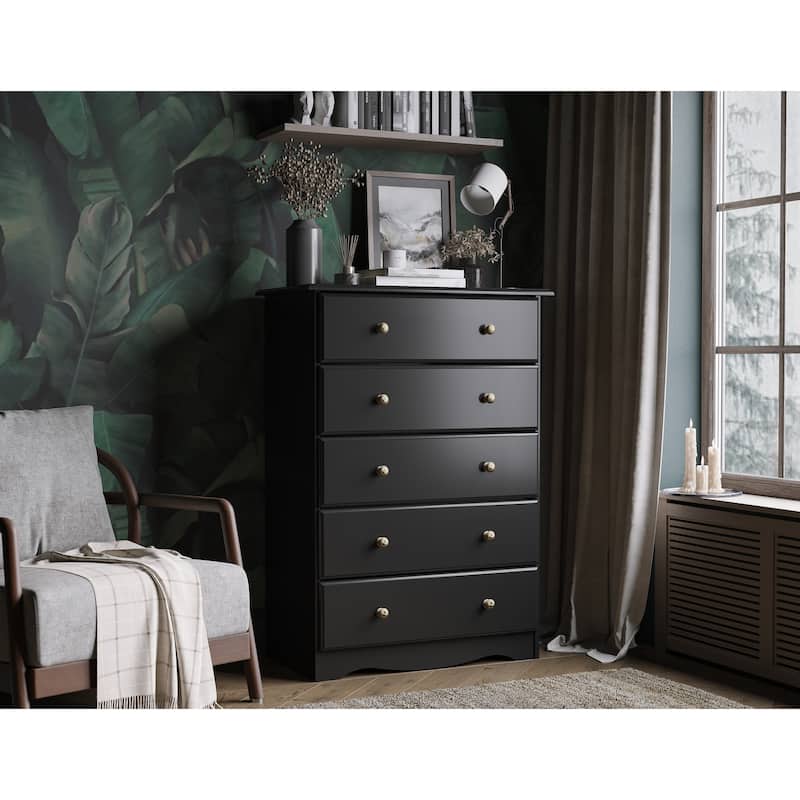 Palace Imports 100% Solid Wood 5-Drawer Chest with Metal or Wooden Knobs - Black-BrassKnobs