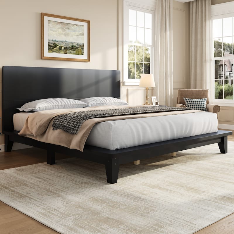 Low-Profile Platform Bed Frame with Headboard, Wood Slat Support, Wingback Panel Bed