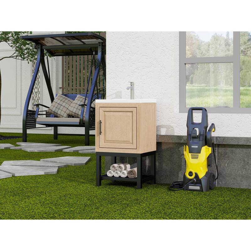 GDFStudio - CompactLine Modern Freestanding Bathroom Vanity with Ceramic Sink and Open Metal Shelf - 20 Inch