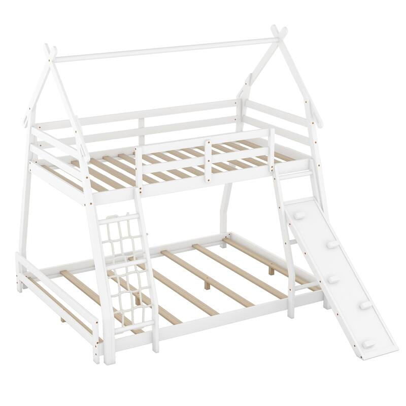 Twin Over Queen Bunk Bed Frame with Climbing Nets and Climbing Ramp
