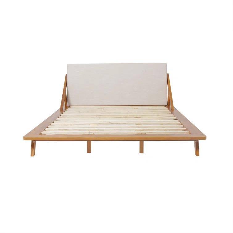 Queen Size Acacia Wood Bed with Warm Beige Cushion - Beige+Natural
