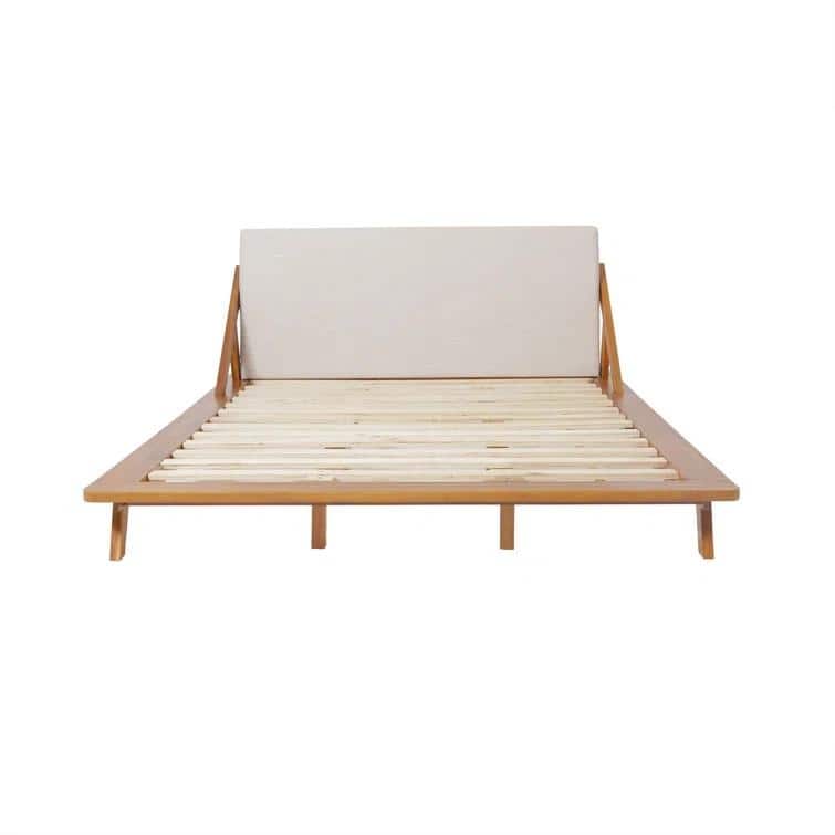 Queen Size Acacia Wood Platform Bed with Plush Warm-Toned Beige Cushion