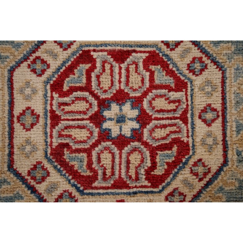 Geometric Kazak Oriental Runner Rug Hand-Knotted Blue Wool Carpet - 2'3" x 13'2"