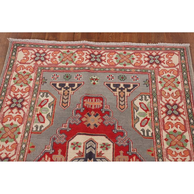 Gray Geometric Kazak Oriental Accent Rug Handmade Wool Carpet - 3'4"x 4'10"