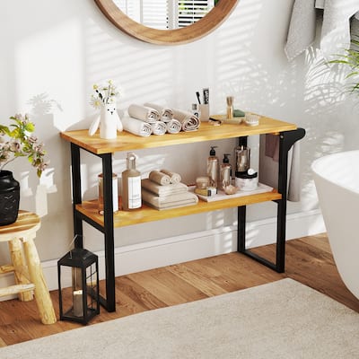 2-Tier Teak Wood Storage Shelf with Towel Holder for Bathroom Entryway or Living Room Decor - 40" x 15.5" x 28"