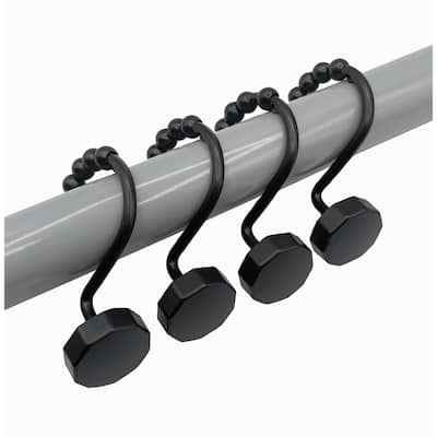 12 Piece Set - Matte Black Button Heavy Duty Shower Curtain Hooks Rings Rustproof Metal - Matte Black
