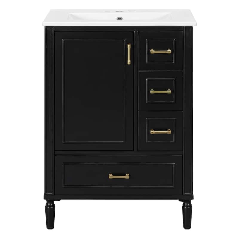 24" Modern Bathroom Vanity with Ceramic Sink - Soft-Close Door, 3 Drawers & Gold Handles