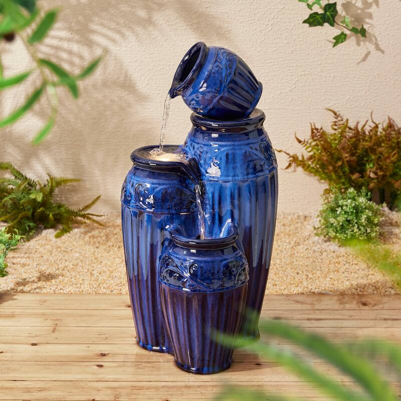 Glitzhome 27"H/35"H 4-Tier Embossed Pattern LED Ceramic Pots Fountain - Blue - 27"H