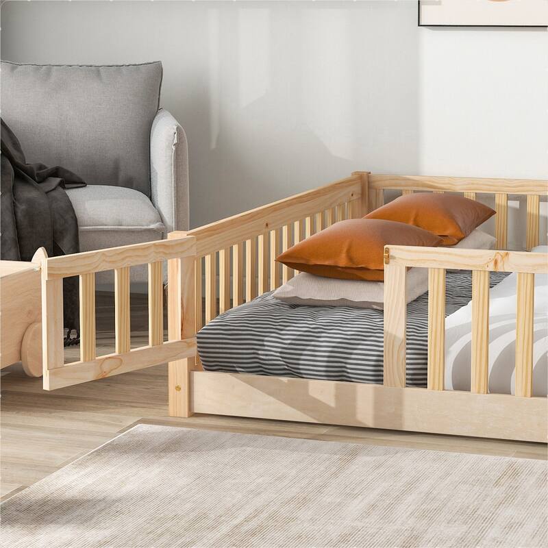 Floor Platform Bed with Fence Guardrails and Door