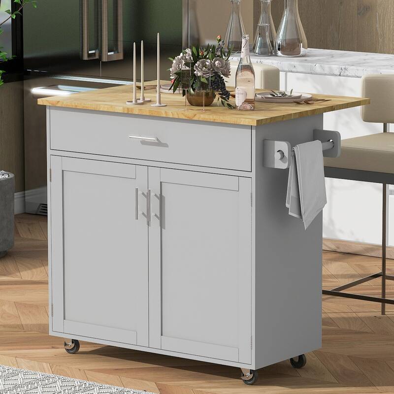 Rolling Kitchen Island with Storage, Kitchen Cart with Rubber Wood Top