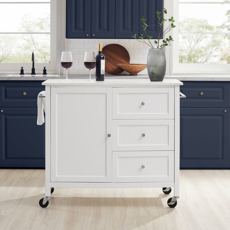 Kitchen Island Cart with Stone Top, Storage Island, Portable Kitchen Furniture, Modern Kitchen Island, White
