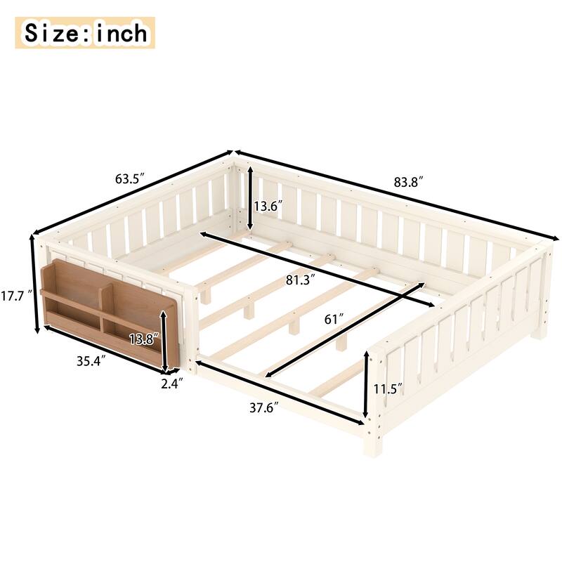 Montessori Floor Bed Low Profile Kids Bed with Rails & Bookshelf