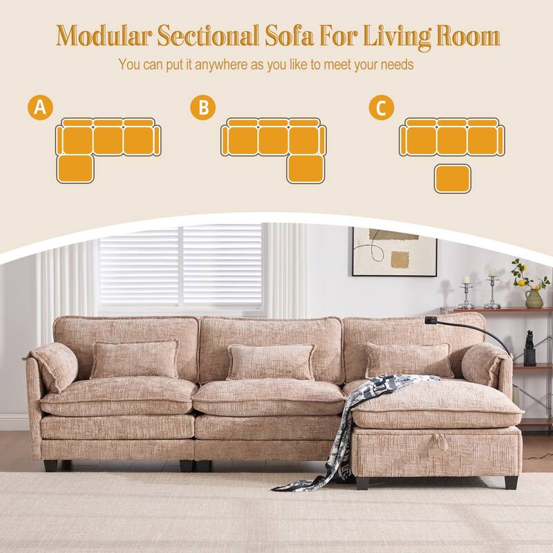 Modern Chenille Chaise Couch L-shaped Sectional Sofa with Storage Ottoman, Phone Holder, USB/Type-C Ports and Side Pockets
