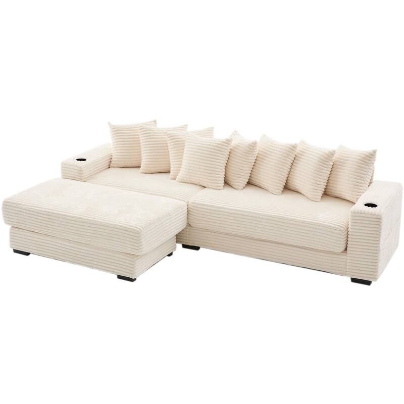 110.75" Corduroy Sectional Sofa, Convertible Sleeper Sofa Bed L-Shaped Upholstered Couch with Removable Footstool, Cup Holder